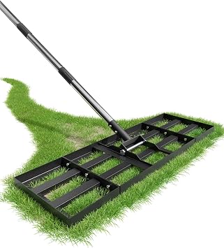 Lawn Levelling Rake, 75x25cm Lawn Leveller with Adjustable Length, Heavy Duty & Effort Saving Soil Levelling Tool, 190cm Stainless Steel Handle Leveling Rack for Yard Garden Golf, Ease Level Soil Sand