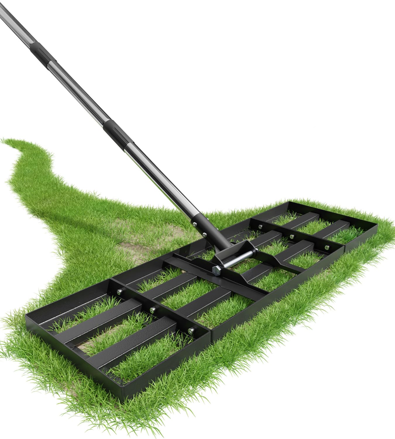 Lawn Levelling Rake, 75x25cm Lawn Leveller with Adjustable Length, Heavy Duty & Effort Saving Soil Levelling Tool, 190cm Stainless Steel Handle Leveling Rack for Yard Garden Golf, Ease Level Soil Sand