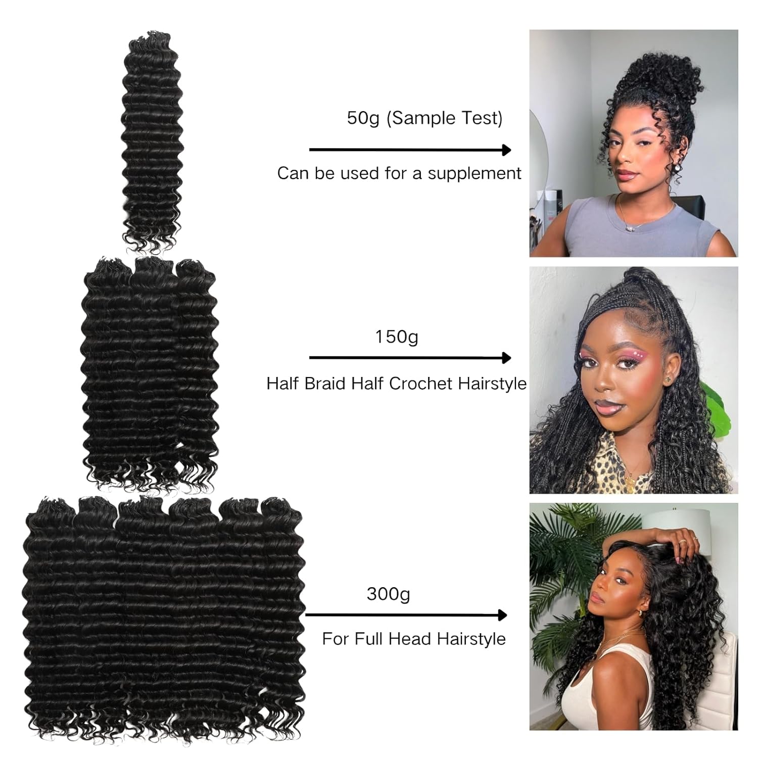 Human Crochet Hair Deep wave Feather Crochet Human Hair 18 Inch 50g Pre-Separated Crochet human Hair Bundles Invisible Miracle Knots Crochet Hair Extensions Natural Black