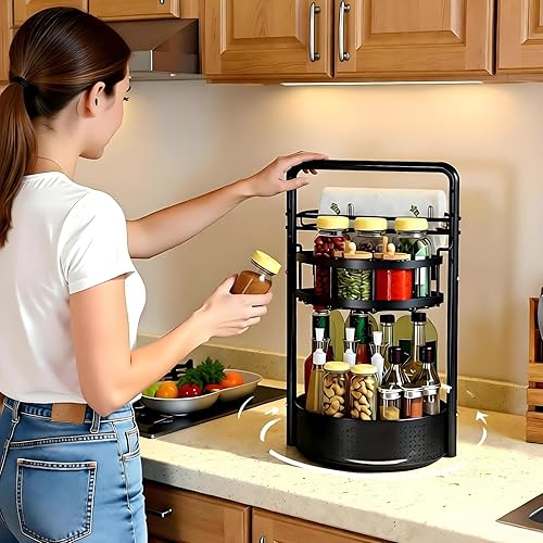 Miniatura 3 de JEESA Rotating Spice Rack with Paper Towel Holder, 2 Tier Lazy Susan for Spices, Sturdy Iron Seasoning Organizer for Kitchen Countertop, Black