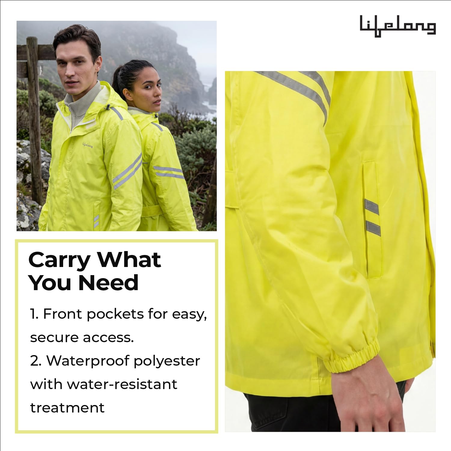 Lifelong Unisex Adult H2Go Pro 3 Rain Standard Length Jacket I 10000mm Waterproof Nylon Shell | Motorcycle Riding Rain Jacket | Heat Sealed Seams | Drycore WR Zippers - Hi-Viz Green, L 4
