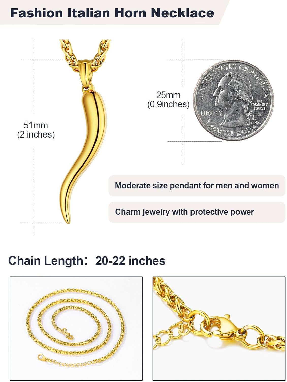 U7 Italian Horn Necklace for Men Women,Stainless Steel/Black/Gold Horn Necklace,Lucky Amulet Cornicello Pendant - Image 4