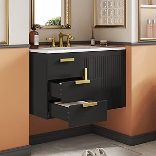30 Inch Black Floating Bathroom Vanity with Ceramic Basin Sink, Modern W...
