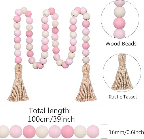 Miniatura 6 de Meplait Guirnalda de Cuentas de Madera, 39 pulgadas Cuentas de Estilo Granja con Borlas Cuentas Boho para Bandeja de Niveles Cuentas Decorativas