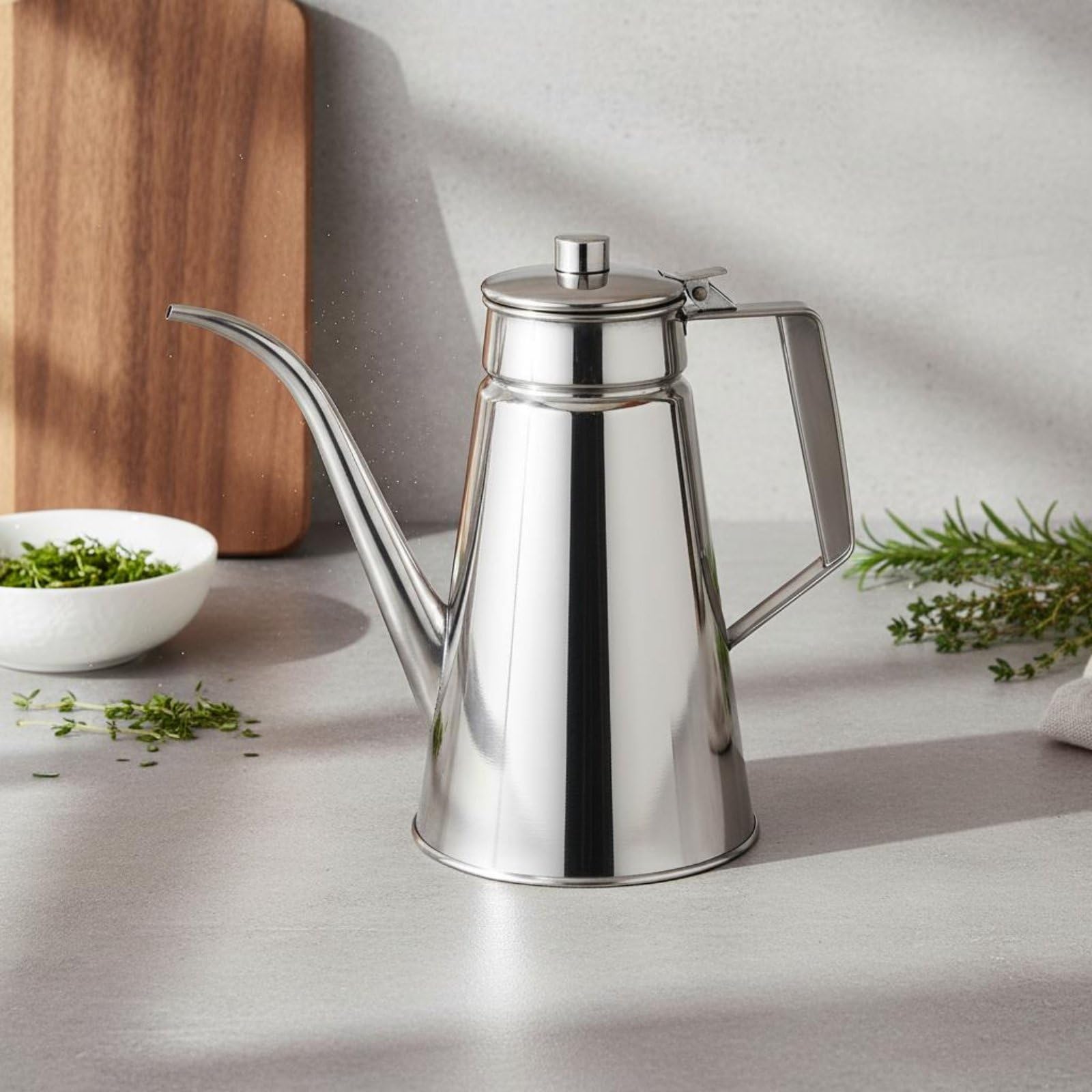 Aceitera de Acero Inoxidable 304 con de Cuello de Dispensador de Aceite con Tapa Antigoteo Botella para Condimentos y Adecuada para Cocina Doméstica Restaurante, 1.2L