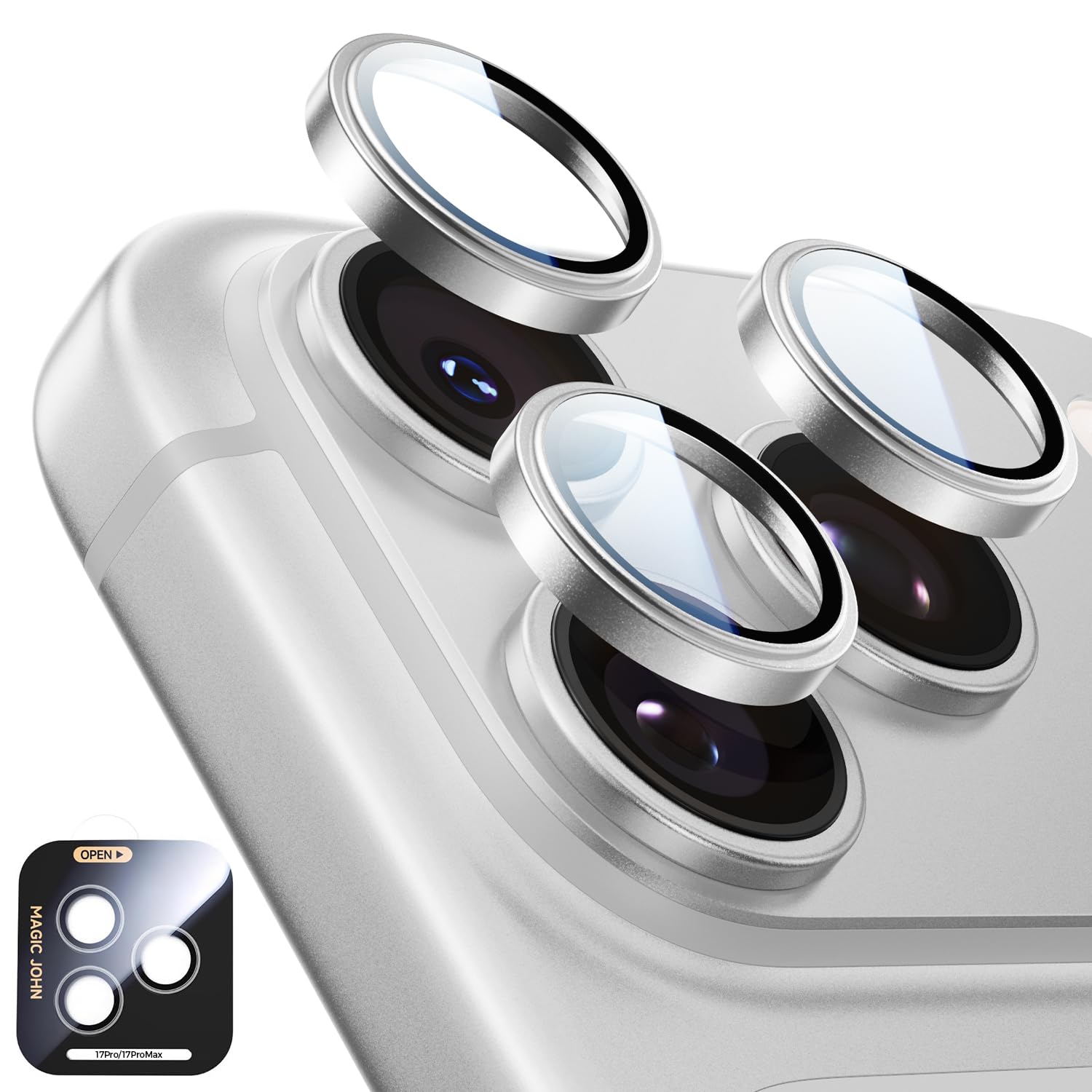 Photo 1 of MAGIC JOHN for iPhone 17 Pro Max/17 Pro Camera Lens Protector [Alignment Kit&1:1 Invisible Fit] 9H Aerospace Tempered Glass, Ultra HD, Metal Individual Ring?Case Friendly, Set of 2,Sliver