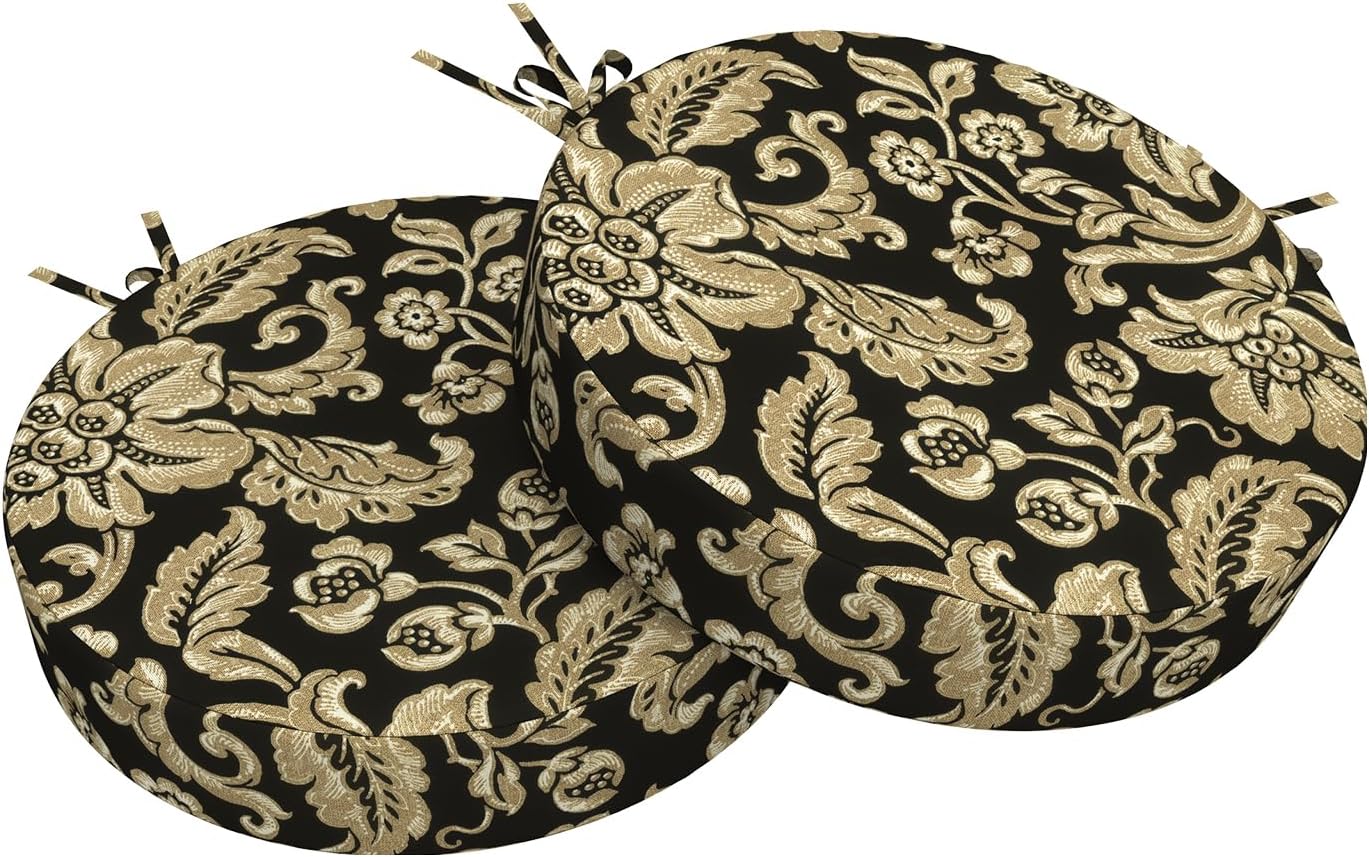 Outdoor Bistro Chair Cushions for Patio Furniture,Patio Bistro Round Foam Seat Cushion with Ties,15" D x 2.5" H,Jacobean Black