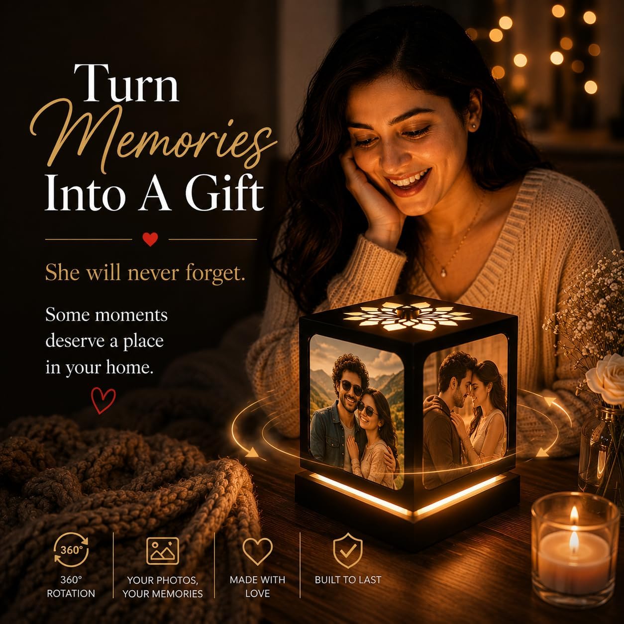 ZOCI VOCI Personalized Rotating Photo Lamp with 4 Photos for Couples – Nostalgia, Romantic Anniversary Special Gifts for Wife, Husband & Girlfriend | Customized Memory Lamp for Birthday | Rakhi Gift