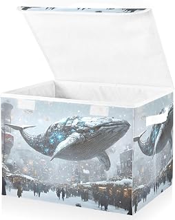 Whale Winter Surreal Large Linen Storage Bins with Lid & Handle Foldable Storage Cubes Organizer Box Basket with Flip-Top Lid for Home Office 16.5” x 12.6” x 11.8”