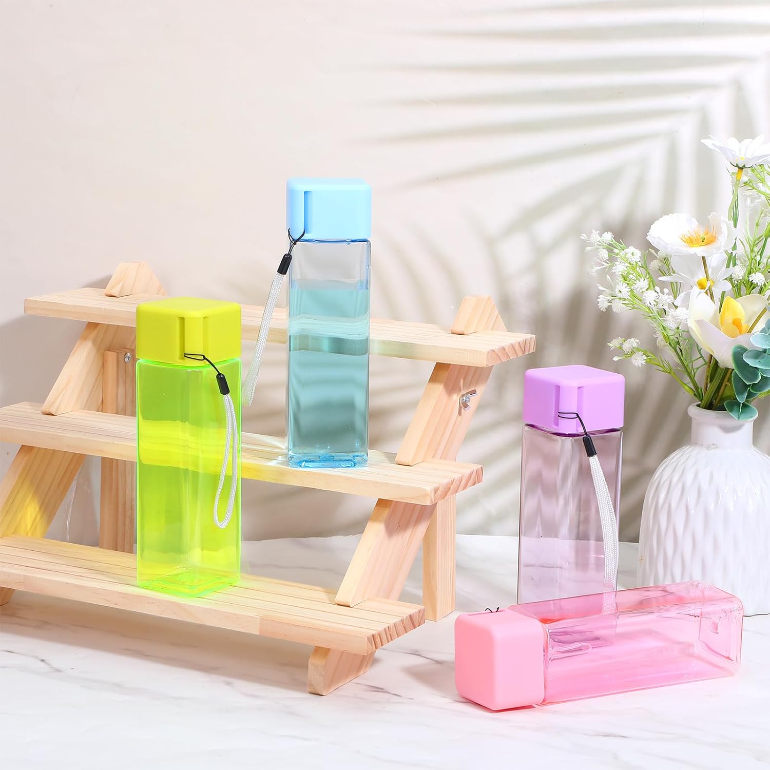24 Pack Bulk Water Bottles, 17 Oz Plastic Water Bottles Reusable - Spill Proof Clear Colorful Square Drink Bottle for Gym Sports Fitness Office Travel Outdoor Activities