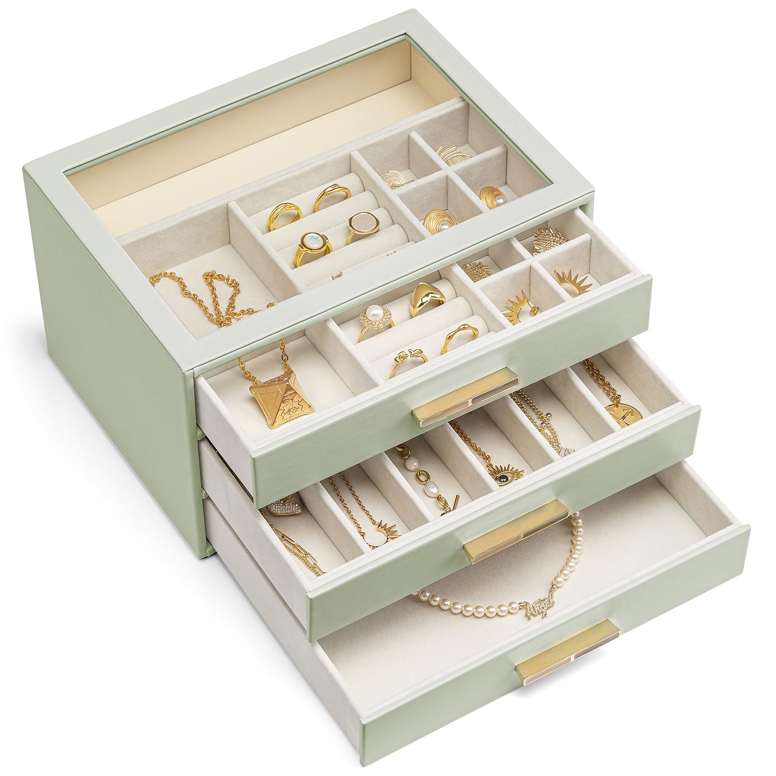 VLANDO Schmuckkästchen Groß, Schmuckkasten mit 4 Ebenen, Schmuck Organizer mit Glasdeckel, 4 Schubladen,für Halsketten, Ohrringe, Uhren, Armbänder, Schmuckaufbewahrung, Modern