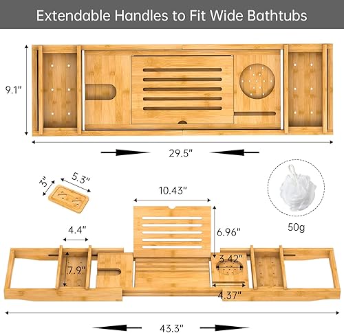 Vista 6 de Bandeja de Bañera de Bambú para Baño de Lujo, Bandeja de Baño Premium Expandible con Soporte para Jabón/Toalla/Libro, Accesorios de Baño Ajustables