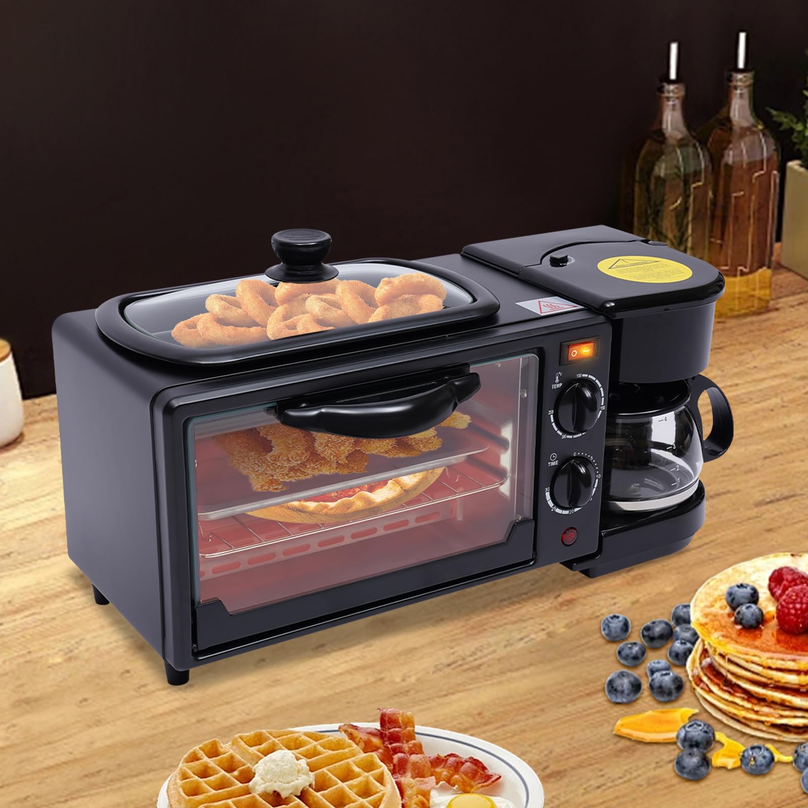 Macchina per la colazione multifunzione 3 in 1, 600 ml, filtro a tramoggia, tostapane, forno 9 l, griglia antiaderente, lavoro separato, timer 0-30 minuti