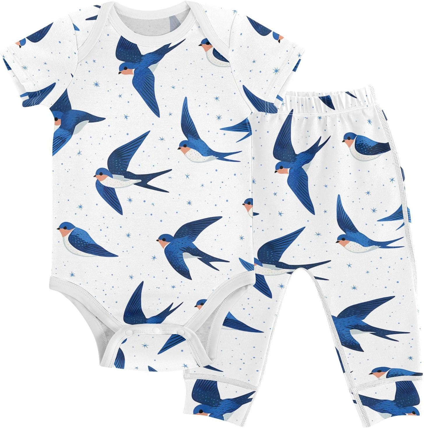 vvfelixl Baby Clothes Blue Swallows with Stars Baby Bodysuits Set Unisex Short Sleeve Babys Pants Sets 0-3M