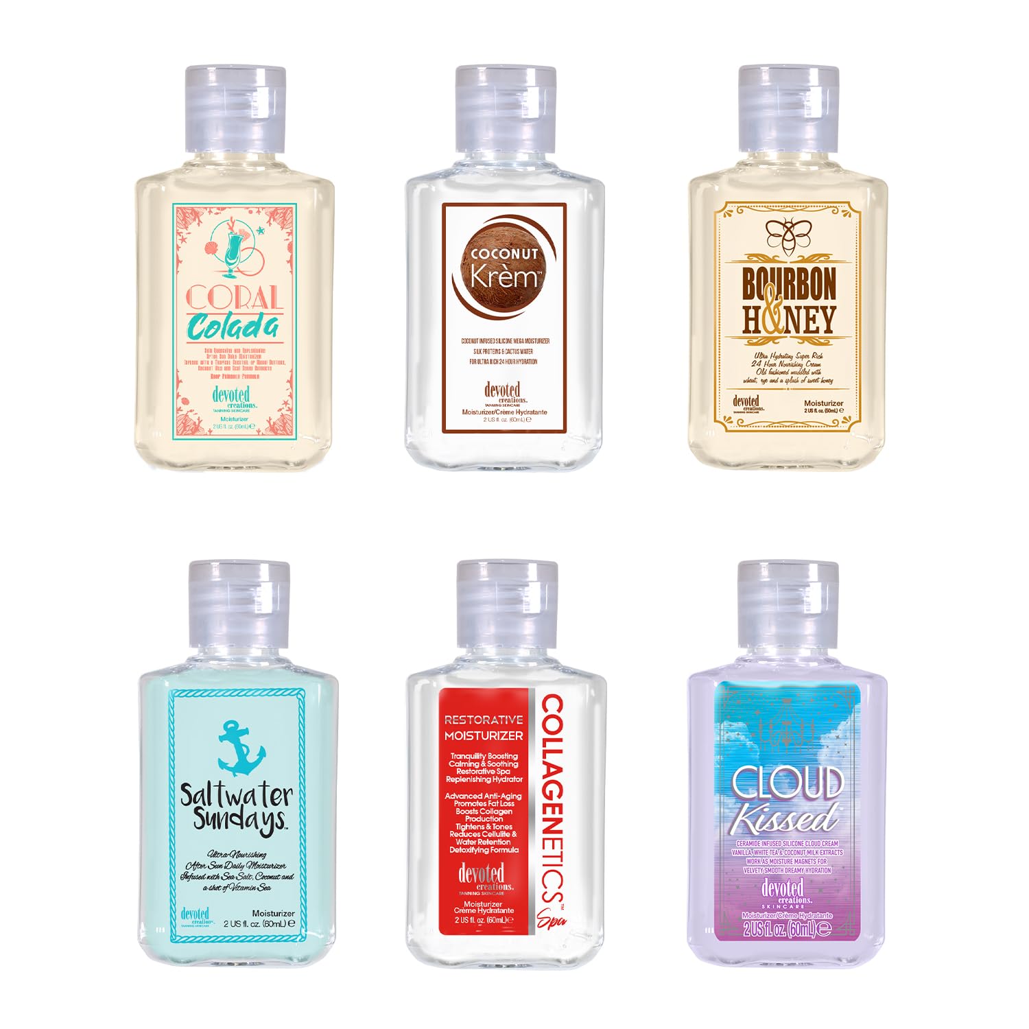 Devoted Creations 2oz Moisturizer Mini Bundle – 6 Items: Coconut Krem, Saltwater Sundays, Cloud Kissed, Coral Colada, Bourbon & Honey and Collagenetics Restorative