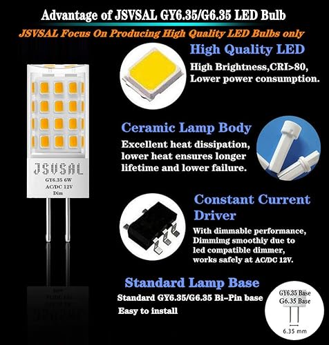 Miniatura 3 de Bombilla LED GY6.35 regulable, T4 JC tipo GY6.35G6.35 base bi-pin, ACDC 12V luz blanca diurna 5000K, 6W equivalente a 50-65W G6.35GY6.35