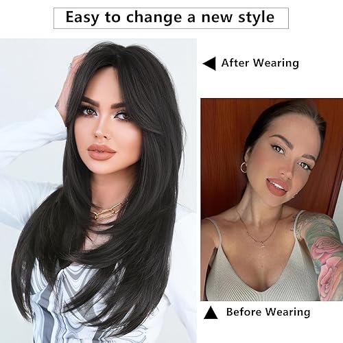 Miniatura 3 de 7JHH WIGS Peluca larga ondulada negra natural en capas con flequillo de cortina, sintética de alta densidad, resistente al calor, peluca recta para