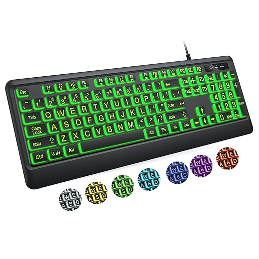 Large Print Keyboard - 7 Interchangeable Backlight Colors, Light Up USB Wired Computer Keyboards, USB Plug-and-Play, Foldable Stands, Corded Full Size Keyboard for Windows, PC, Laptop
