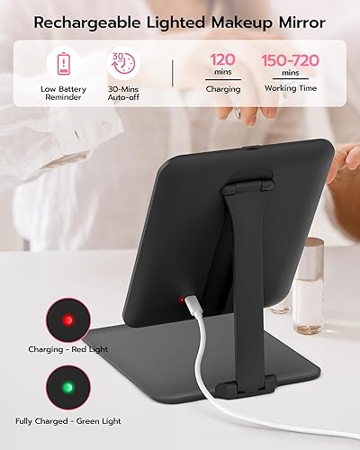 Miniatura 6 de Espejo de maquillaje de viaje recargable con espejo de aumento de 10X, espejo de tocador LED con soporte ajustable portátil, luces regulables de 3