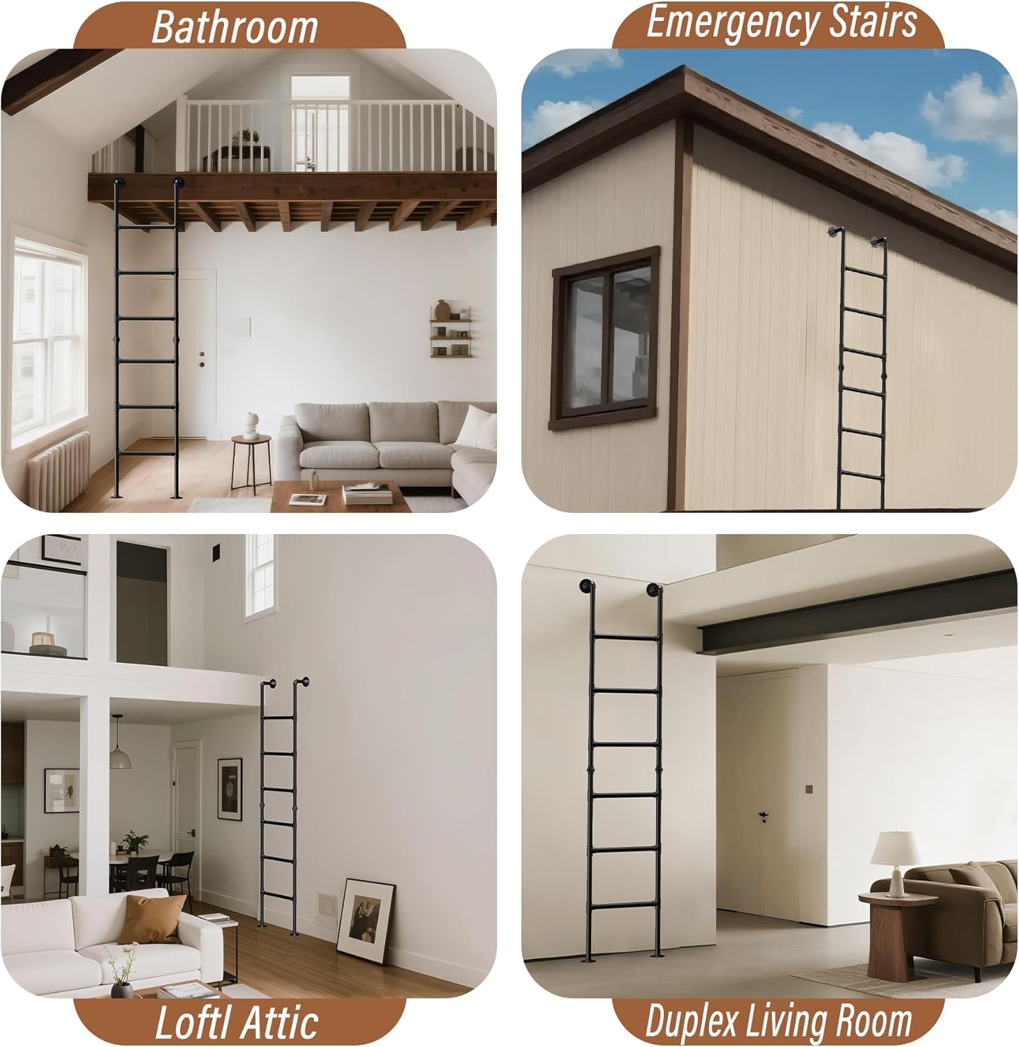 7FT Heavy Duty RV Bunk Bed Ladder - 6 Rung Wall Mounted & Freestanding Emergency Egress Ladder for Basement Window Well, Attic Loft, Dorm, RV Deck - 355lbs Capacity Anti-Slip Black