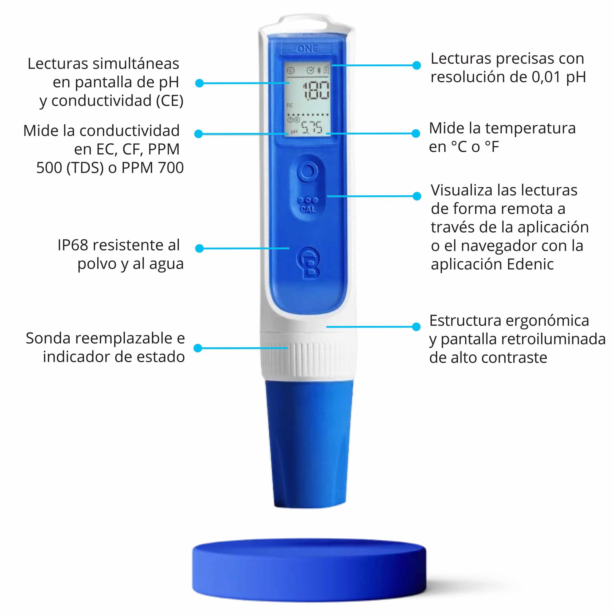 Bluelab OnePen - Medidor de temperatura, EC/PPM y pH 3 en 1, lecturas ultrarrápidas - Intercambio de datos Bluetooth y seguimiento en la aplicación - Sonda intercambiable