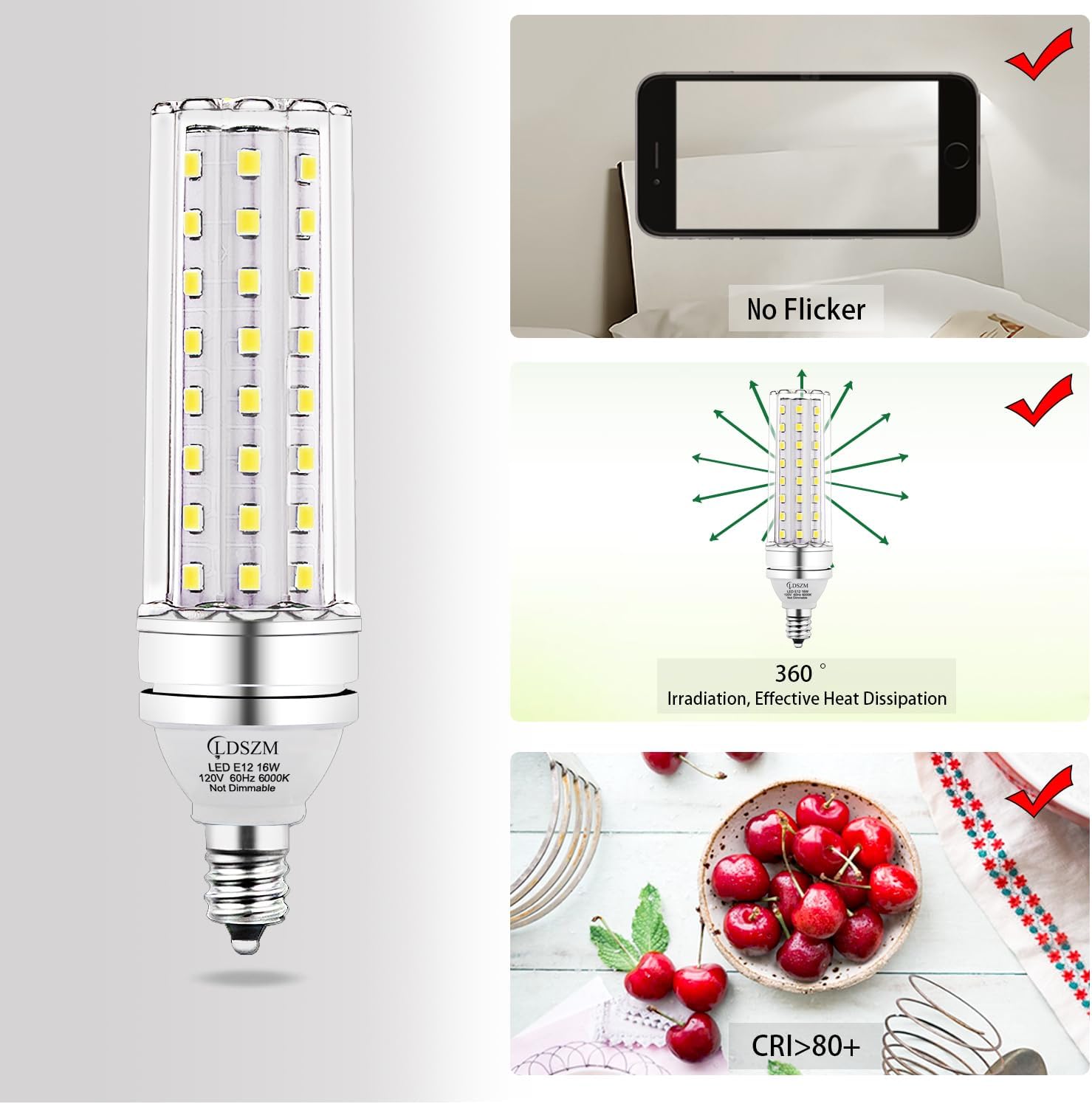 E12 LED Bulbs,16W Candelabra LED Light Bulb,120 Watt Equivalent 1400lm CRI 85+ Eye Protection, Daylight White 6000K E12 Base Chandelier Bulbs, Non-Dimmable Ceiling Fan Light Bulbs,4 Pack