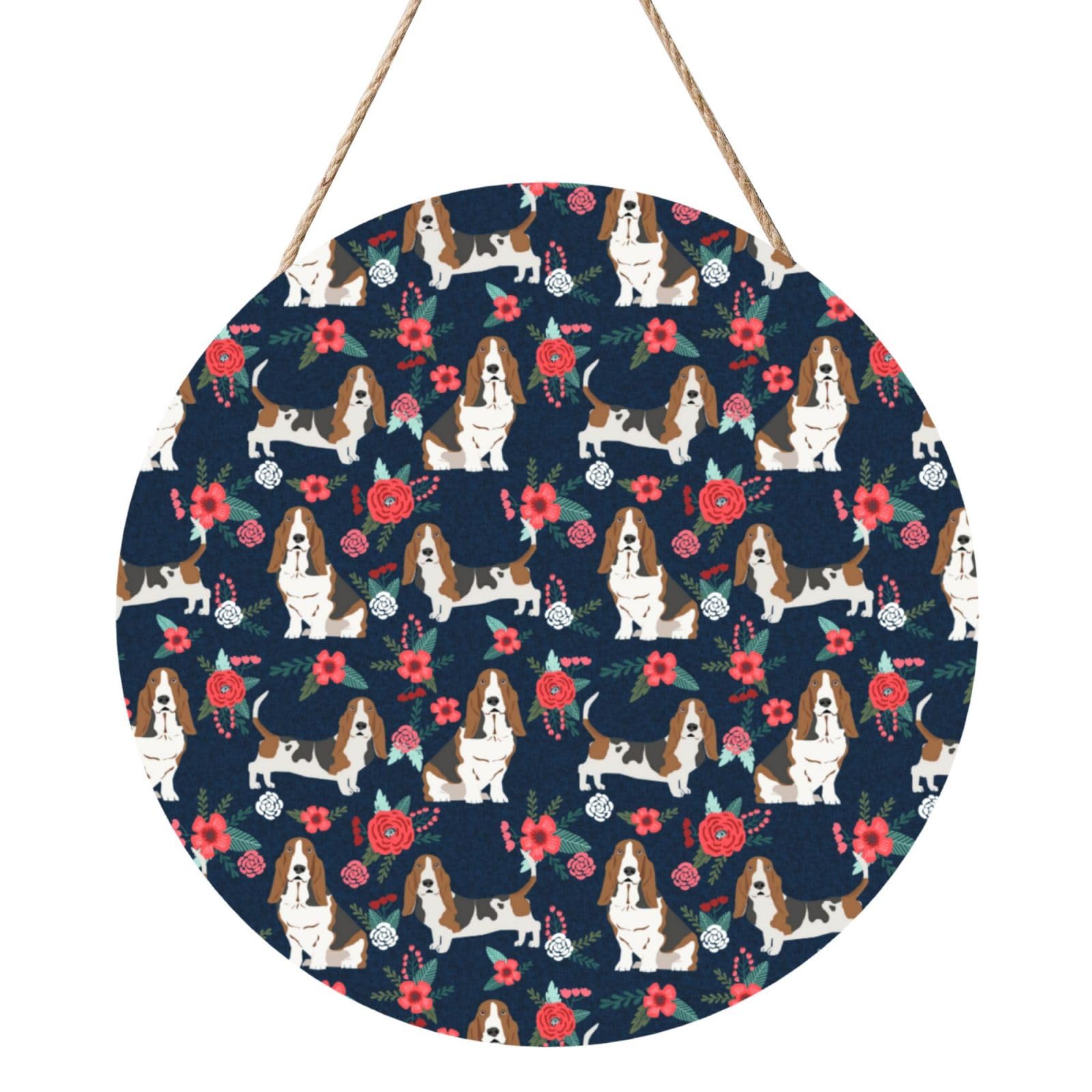 InOmak Basset Hound Navy And Poppy Floral, Round Wood Panel Painting 12 in, Wall Hanging Painting For Home
