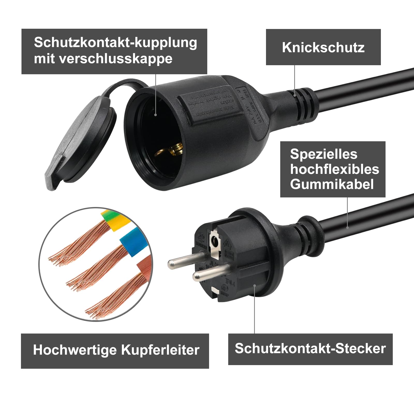 XUANSHI Cable alargador exterior de 10 m con tapa protectora H07RN-F 3G 2,5 mm² de goma, cable de extensión para exteriores, cable de alimentación exterior con enchufe Schuko, 3500 W, 16 A 250 V