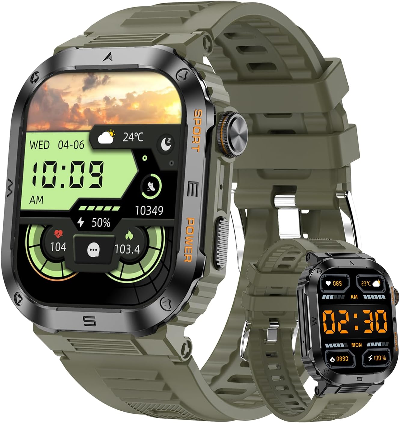 Military Smartwatch for Men,Relojes para Hombres 100 Sports Modes(Answer/Dial Calls), IP67 Waterproof Fitness Watch, Pressure for Android and iOS,2.01''HD DIY Screen Smartwatch(Green)