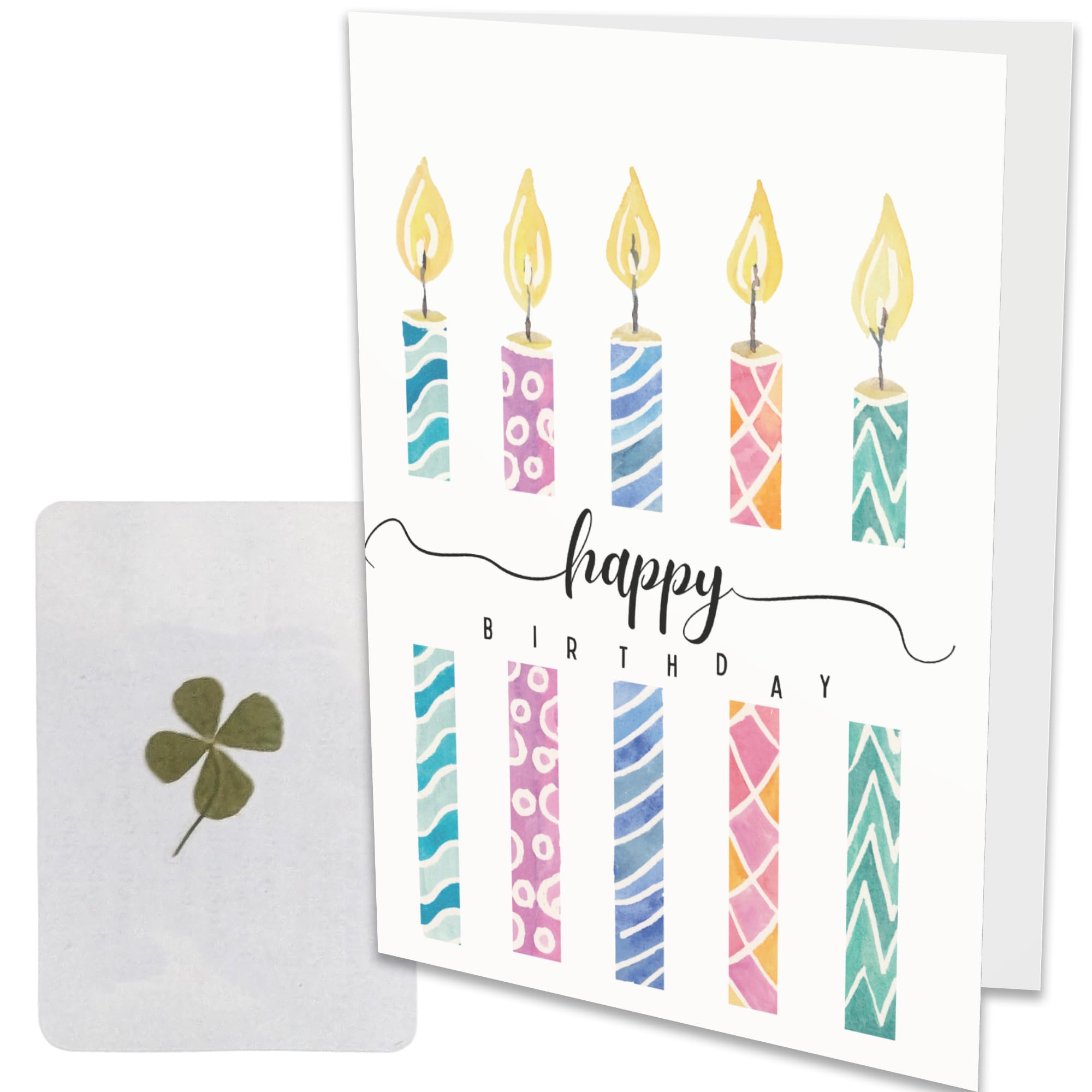 Greeting Card with Real Pressed Four Leaf Clover – Large A5 Greeting Card with Lucky Charm Inside (Birthday)