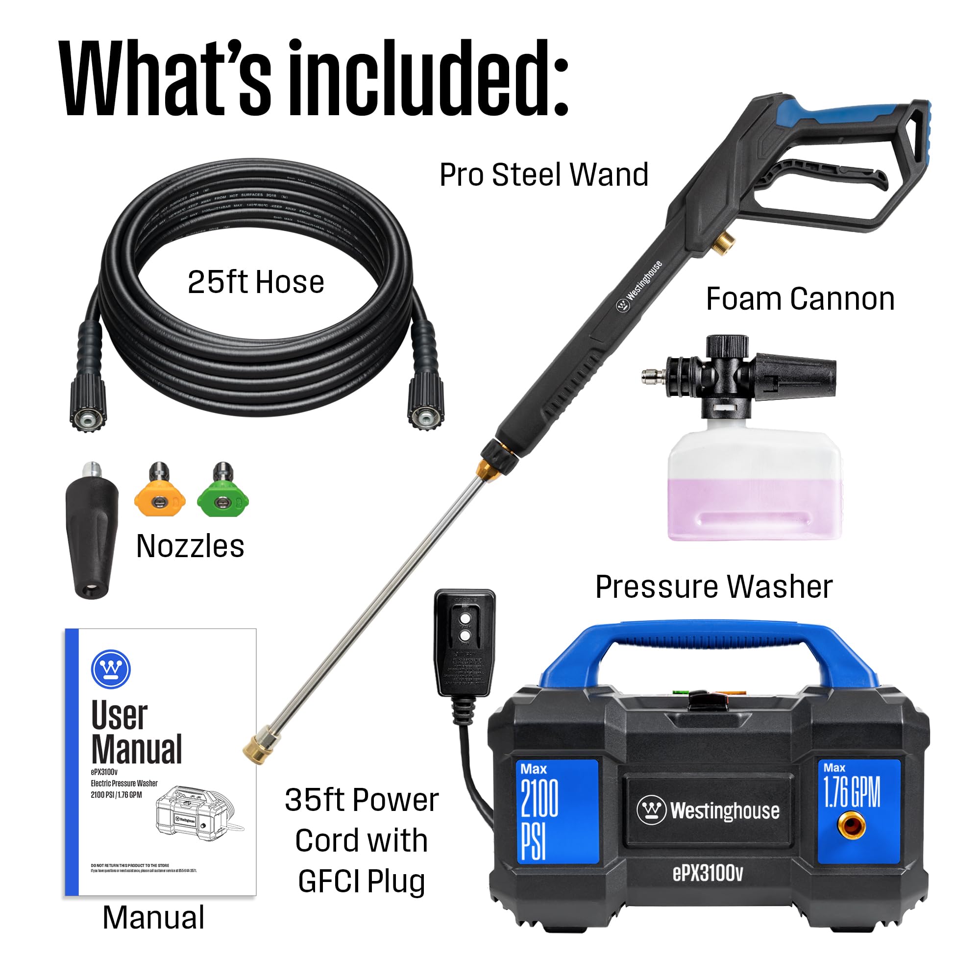 Westinghouse ePX3100v idropulitrice elettrica, 2100 PSI max 1,76 GPM, maniglia di trasporto integrata, cannone in schiuma staccabile, bacchetta in acciaio Pro-Style, set di 4 ugelli, per