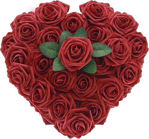 Rosas artificiales de color rojo profundo con tallo largo, rosas de espuma falsas de tacto real para decoración, ramos de boda, centros de mesa,