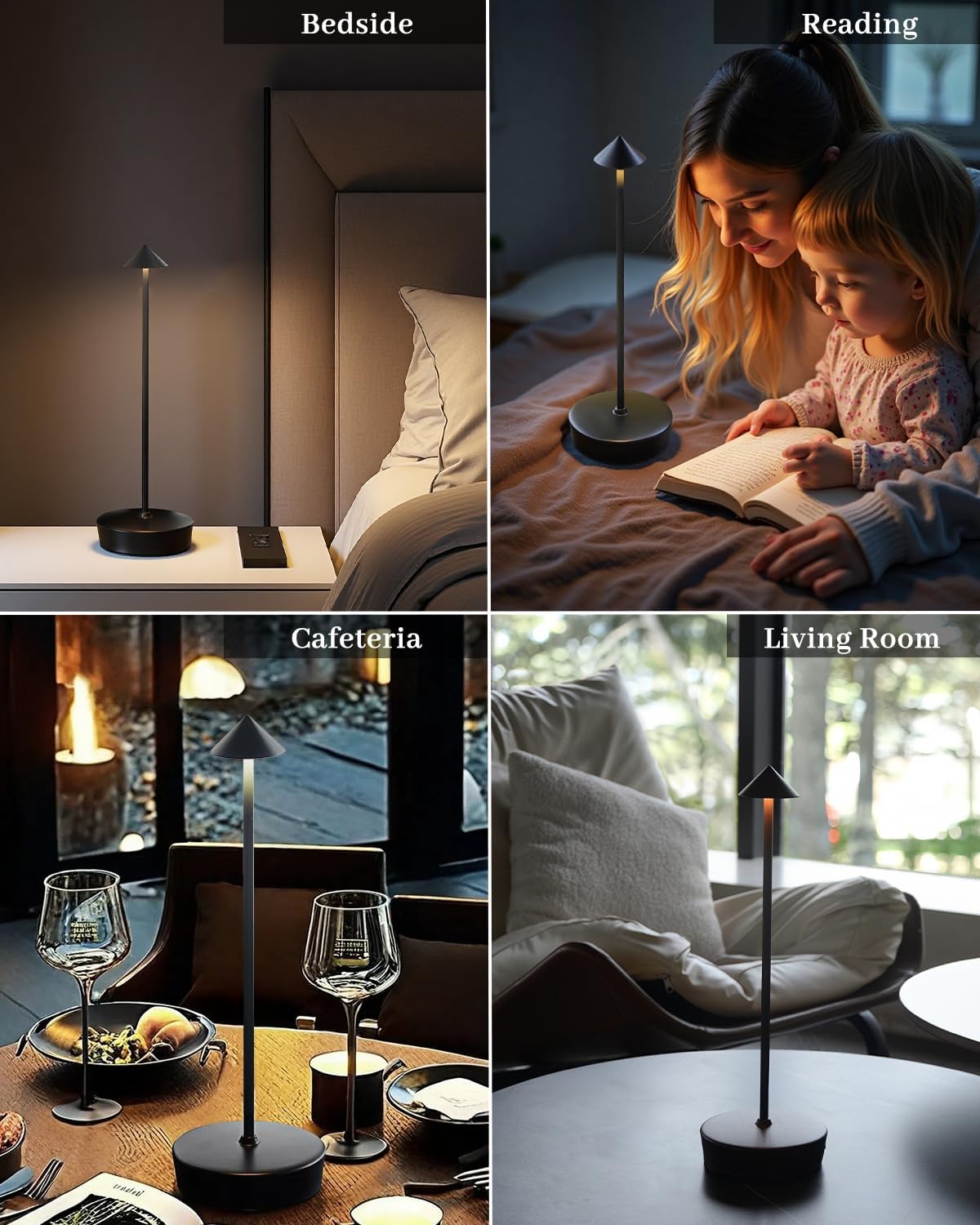 Black Cordless Rechargeable Table Lamp 7200mAh Portable Touch Control LED Waterproof Table Lamp for Bedroom Reading - Image 4