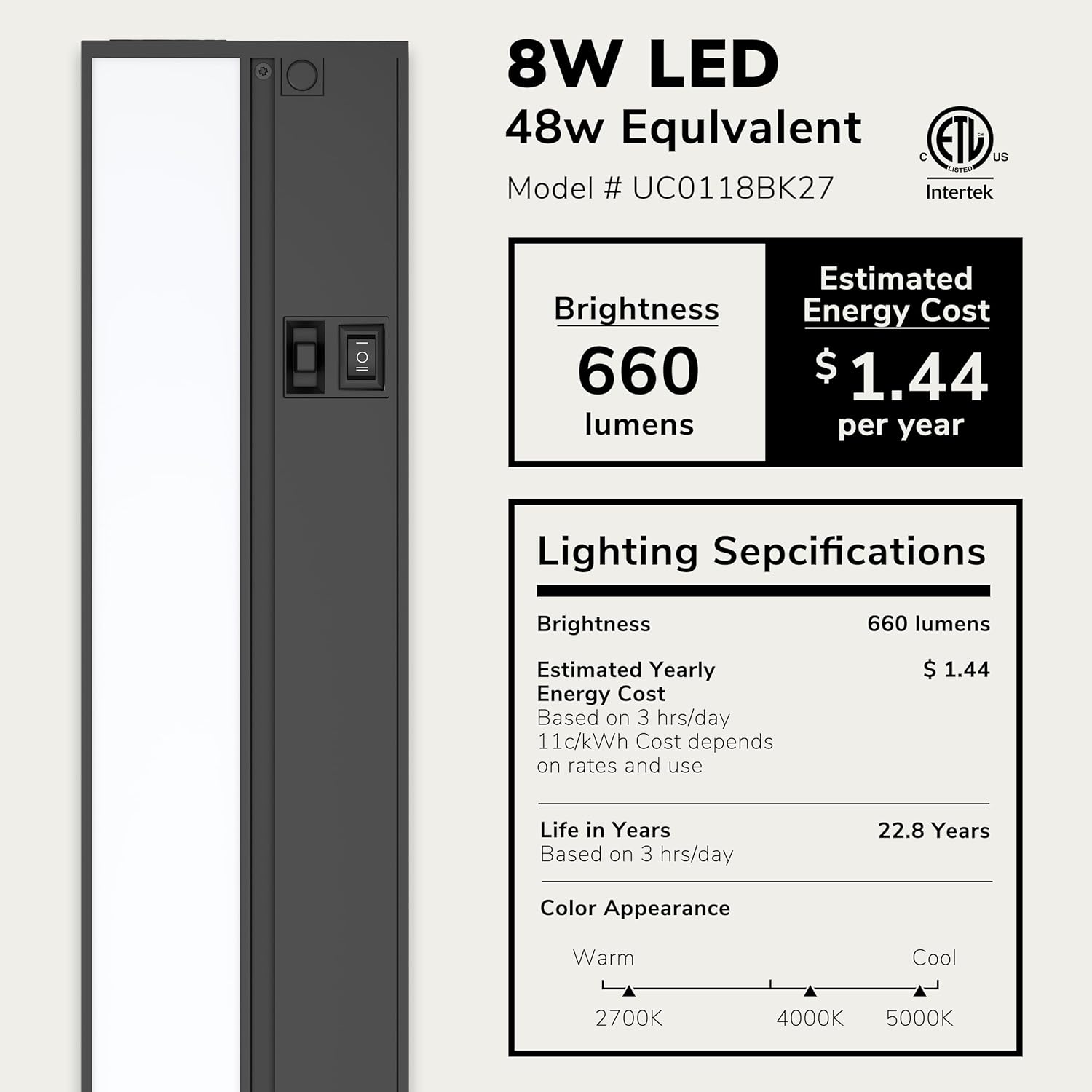 lagom halo under cabinet light, 18?inch hardwired dimmable led, 2700k/4000k/5000k, power cord sold separately, black, uc0118bk27 black 18-inch