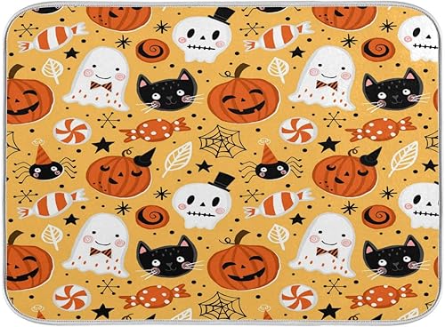 Tapete de secado de platos de Halloween para encimera de cocina, calavera, calabaza, bruja, ultra absorbente, reversible, de microfibra, resistente