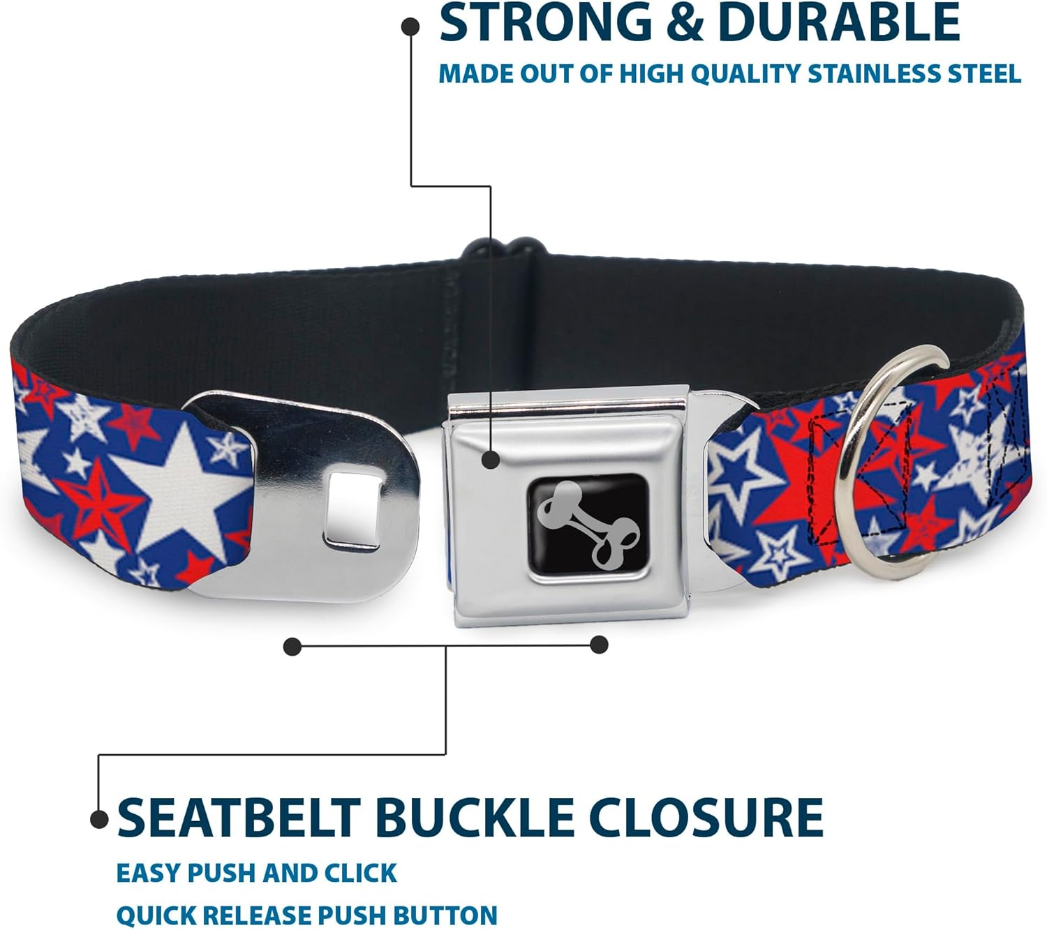 Dog Collar Seatbelt Buckle Stargazer Blue White Red 11 to 17 Inches 1.0 Inch Wide