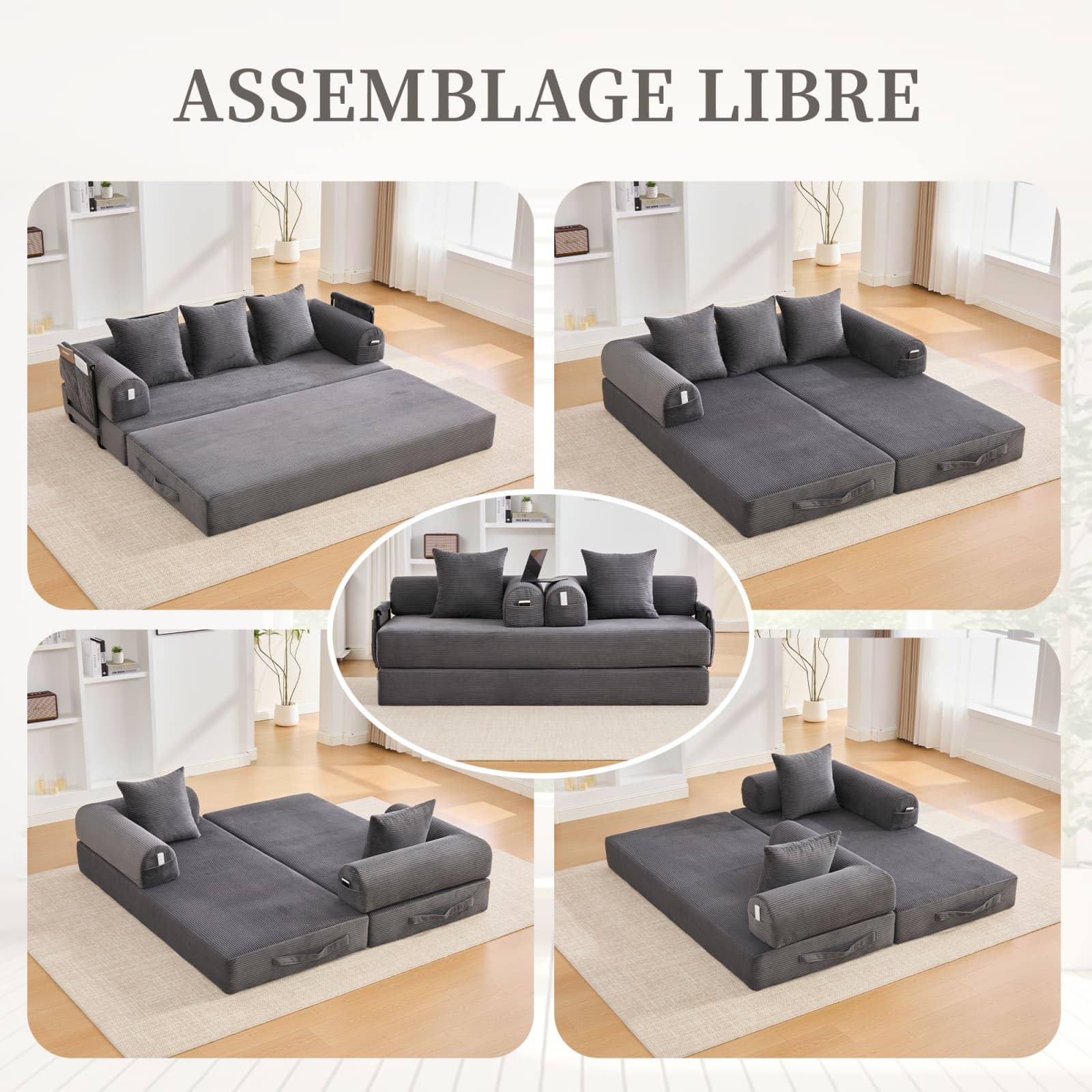 KOMHTOM Canapé 3 Places en Velours Côtelé avec 3 Coussins Confortables, DIY Libre et Structure Métal - Canapé Convertible Moderne (Gris foncé-B)
