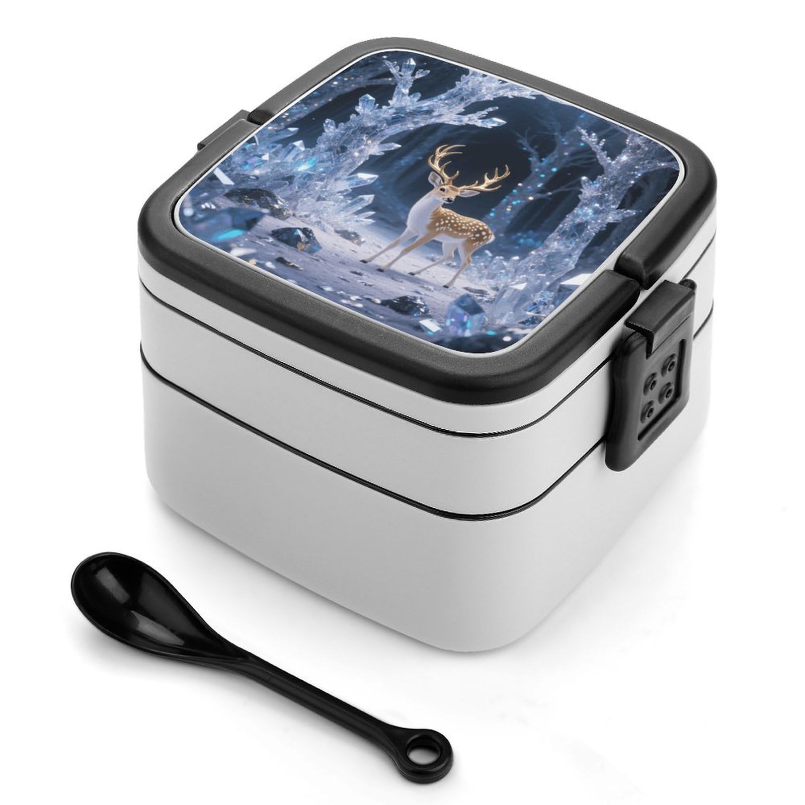 VstaDank Deer in Crystal Forest Bento Box with Compartments Portable Lunch Containers with Spoon Leak Proof Bento Lunch Box Snap-On Design Double-Layer Insulated Lunch Boxes for Work Camping