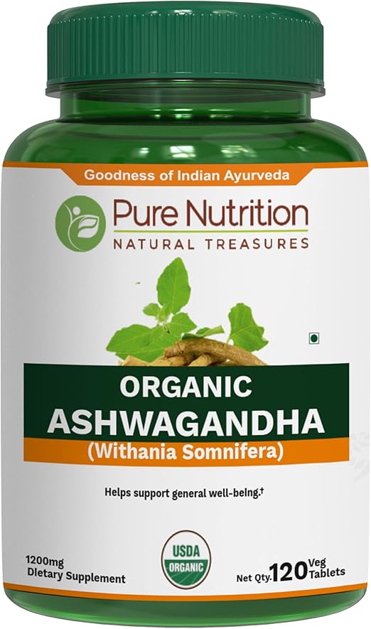 Pure Nutrition Organic Ashwagandha Tablets - 600mg | 120 Count | USDA Organic Certified | Ayurvedic Herb for Vata & Pitta Balance | Non-GMO | Gluten-Free