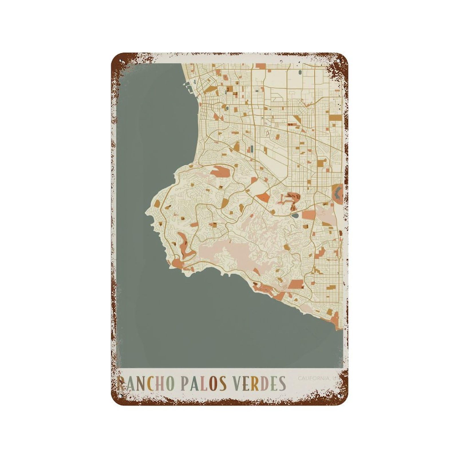 xiaoxiaoshen Rancho Palos Verdes Map California Boho Wall Decor Art Metal Tin Poster Modern Home Decor Art Home Bar Shop Decorations Vintage Sign 30x20cm