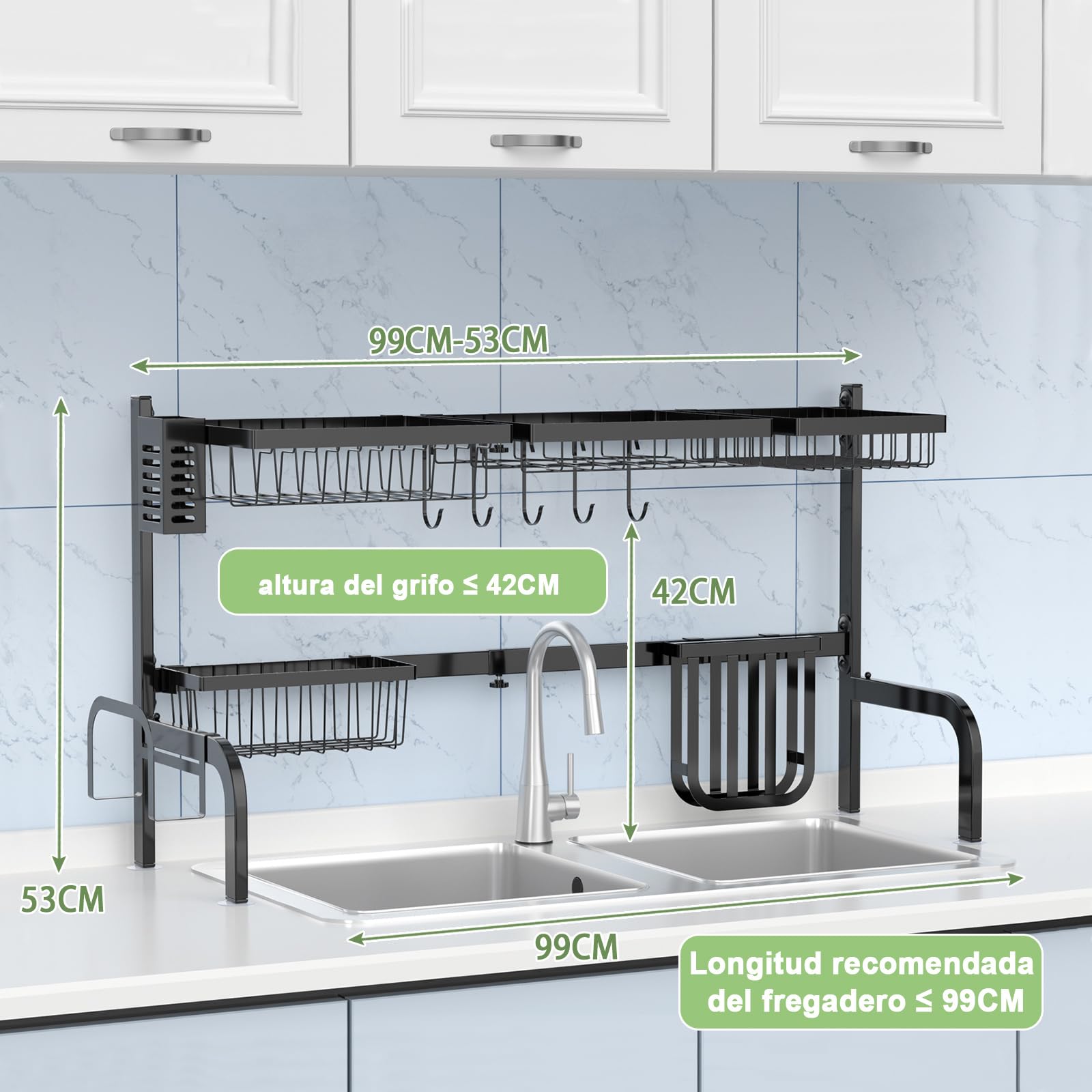 COSTWAY Escurridor de Platos, Escurreplatos sobre el Fregadero, Escurreplatos Ajustable en 2 Niveles (53-99 cm), Acero Inoxidable 4 Cestas y 8 Ganchos, Soportes para Utensilios y Cuchillos