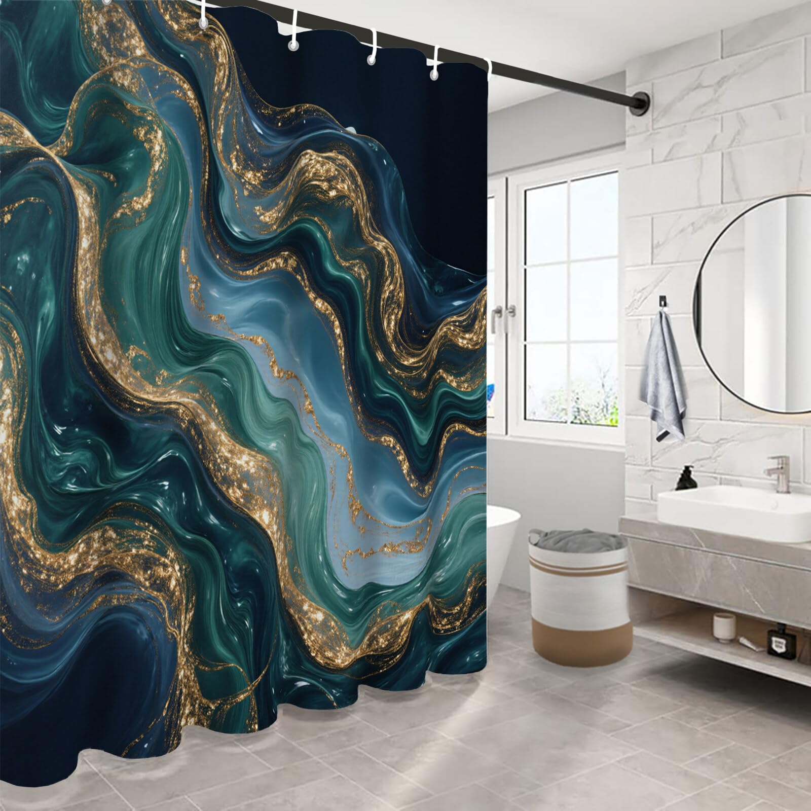 Rideau Douche, Rideau Baignoire Lavable en Machine Rideaux Douche Tissus Lavable Rideau De Baignoire Lavable pour Salle De Bain Domicile Baignoire Famille, Vagues Fluides,