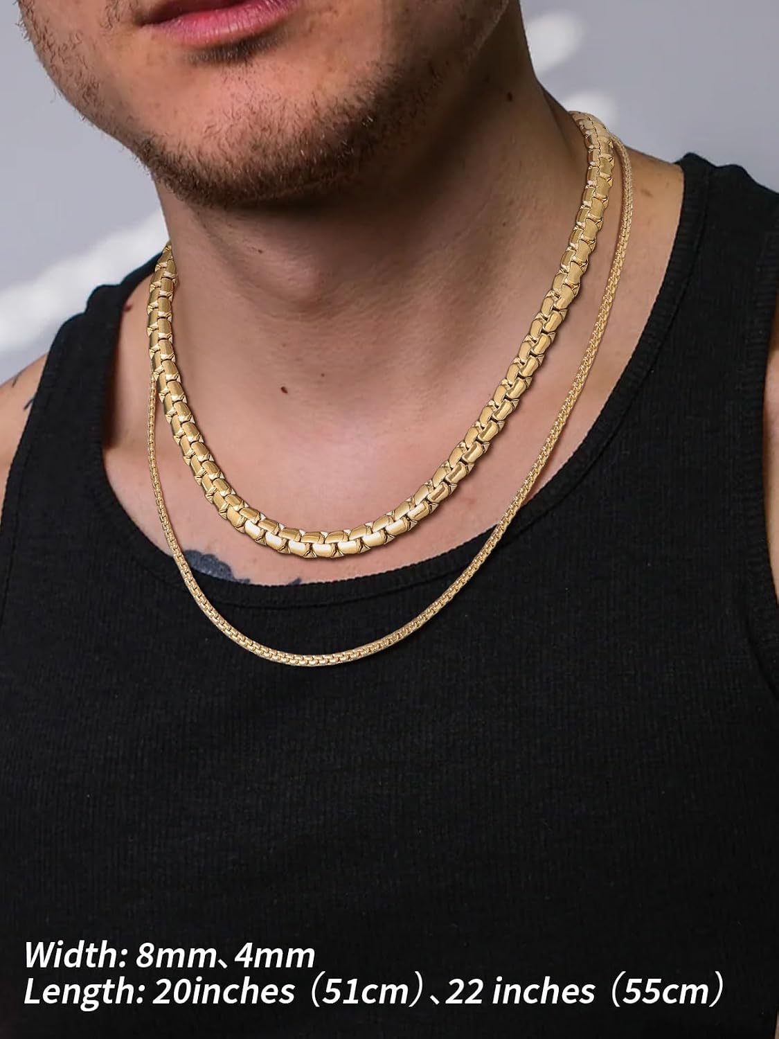 FindChic Necklace for Men, Stainless Steel Flat Link Chain, Silver/Gold/Black Chain Necklace, 2mm/4mm/6mm/8mm Width, No Tarnish & Hypoallergenic Hip Hop Mens Jewelry, 14"-30", with Gift Box