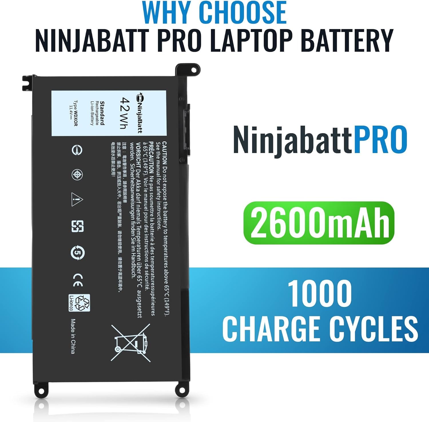 NinjaBatt Batería Compatible con DELL WDX0R P69G Inspiron 13 15 5000 7000 5567 7579 5578 5570 5568 7569 5579 5565 7573 13 7378 5378 7368 5379 5368 7375 17 5767 Y3F7Y - [42Wh/11.4v]