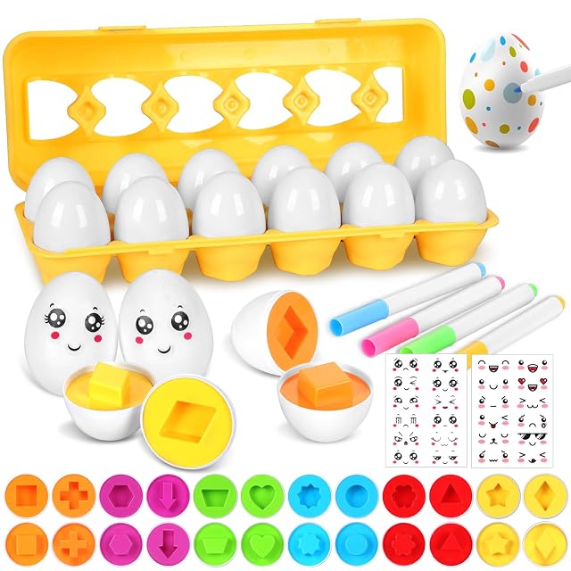 KOMABLEN 12Pcs Huevos Juguetes Niños, Huevos Sorpresa Rompecabezas Montessori Reconocimiento de Color y Forma