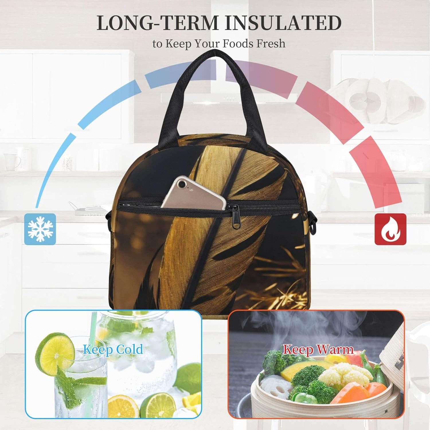 feather Print Reusable Lunch Bag Insulated Lunch Boxes for Office Work Picnic Tote Bag Adjustable