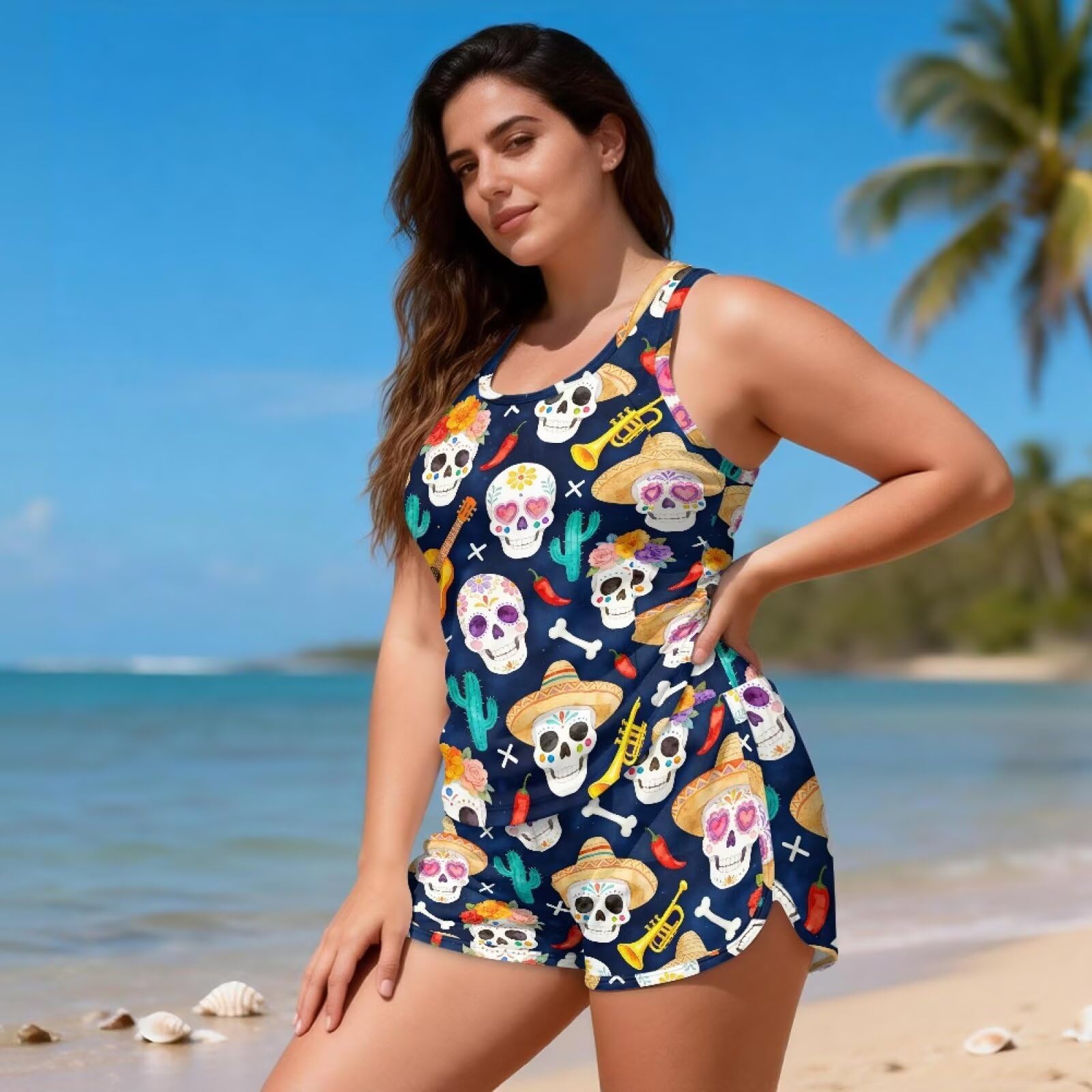 Xoenoiee Damskie zestawy tankini kontrola brzucha bluzka z dekoltem w kształcie litery U topy i kieszenie szorty kąpielowe, 2-częściowy strój kąpielowy S-6XL, Cukrowe czaszki Cinco De Mayo, 6XL