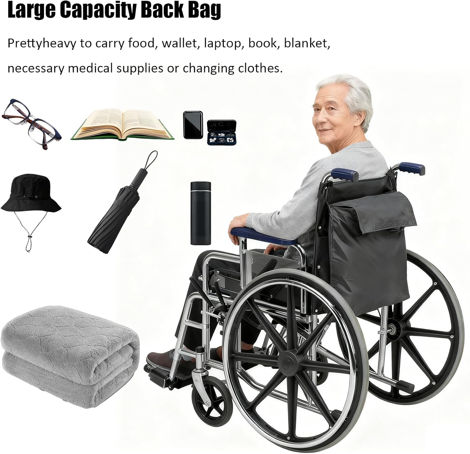 Large Wheelchair Bag to Hang on Back Wheelchair Accessories Adjustable Straps, Large Storage, Lightweight, Waterproof & Scratch-Resistant, for Elderly, Disabled & Adults（21X15inch）