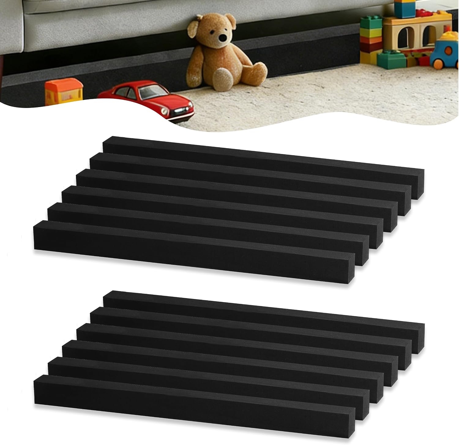 12 Pcs Under Couch blockers with Adhesive Tape Under Bed Blocker for Pets Foam Sponge Toy blockers for Furniture,Stop Items from Going Under Sofa Bed,Black 17" L x 1.2" H
