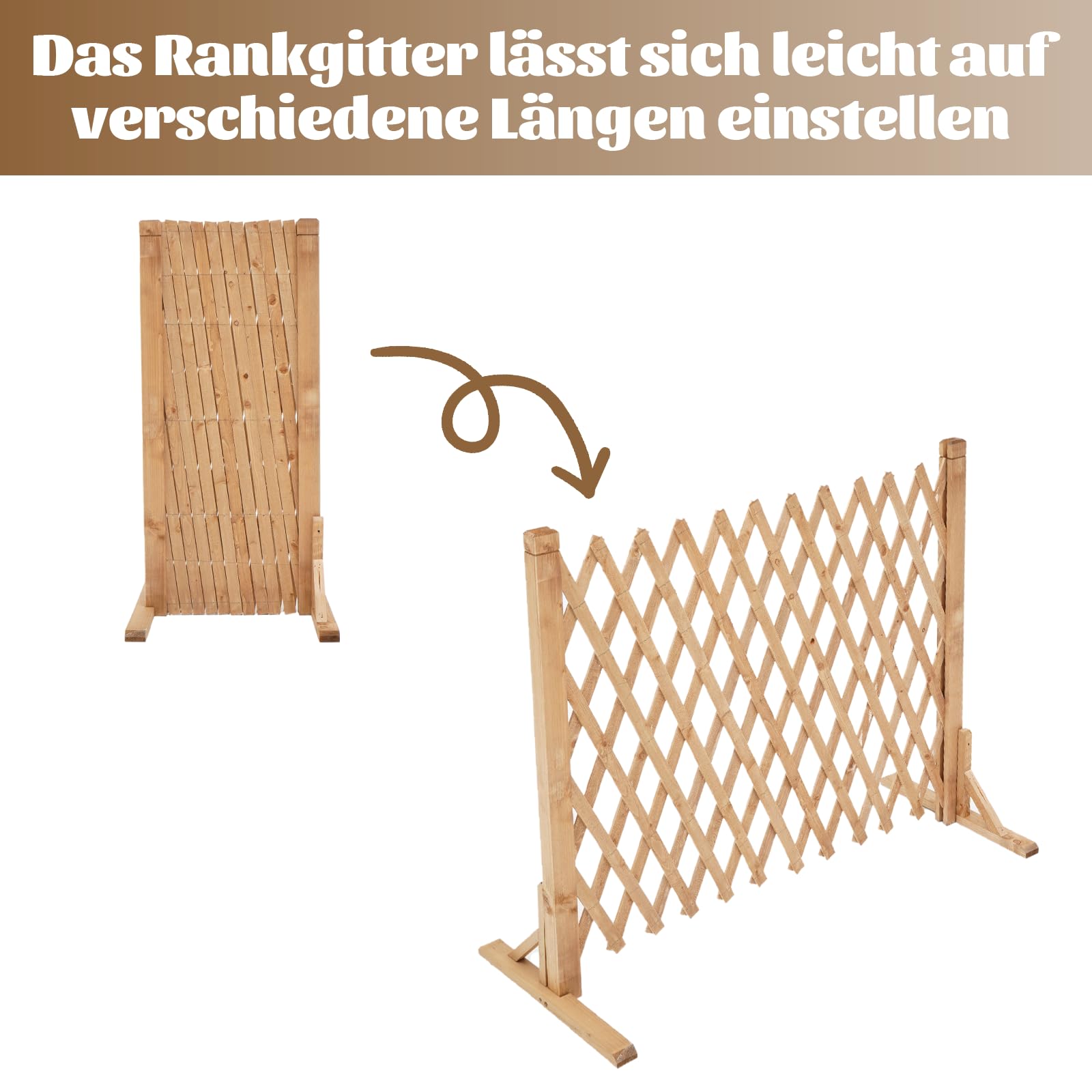 MYOYAY 2 Stück Ausziehbar Holz Rankgitter, Verstellbar Zaun für Hunde 70CM Hoch, Holzzaun Garten Freistehend Dekorativer Gartenzaun (24-160cm) für Pflanzen Haustiere Garten Balkon - Naturholzfarbe